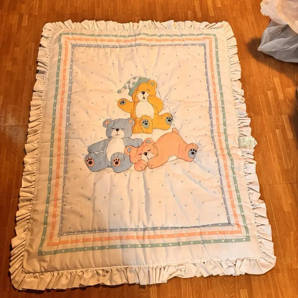 Vintage Teddy Bear Baby Crib Comforter Quilt 49x38 Pastel Ruffle Reversible